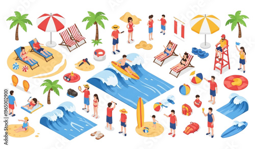 Isometric summer vacation mega set with beach resort surfing sunbathing and family leisure elements for travel design