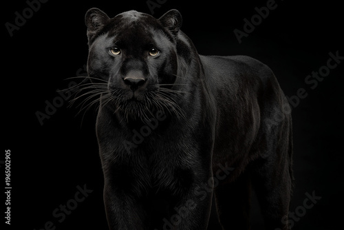 Powerful Black Panther Facing Forward With Intense Gaze Isolated On Dark Background