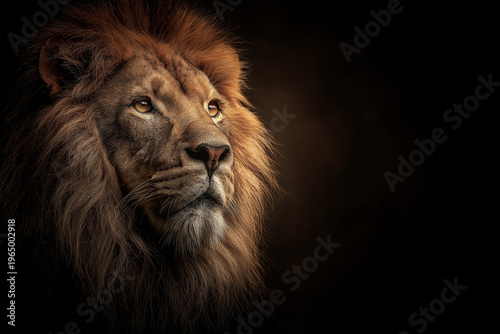 Powerful Front View Portrait Of A Majestic Black Lion With Intense Amber Eyes