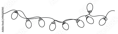 Continuous line drawing of a festive string of decorative light bulbs and garland creating a cheerful graphic element perfect for holiday greetings or celebratory event invitations