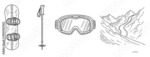 Snowboard, ski pole, and ski goggles displayed alongside a scenic mountain landscape with a ski path for winter sport adventure graphics and outdoor activity promotions.