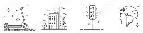 Clean line icons depicting urban electric scooter transportation safety including a protective helmet, city buildings, and a traffic light for modern sustainable commuting guides