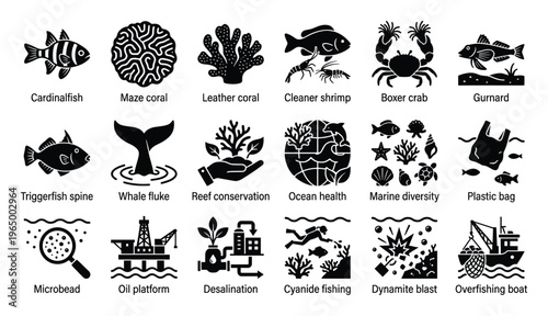 A comprehensive collection of marine life and ocean environment glyph icons showcasing diverse aquatic species and critical ecological threats such as plastic pollution and overfishing,