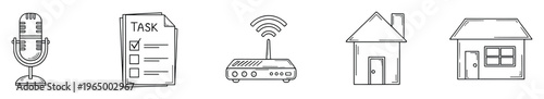 A versatile collection of essential outline icons featuring a vintage microphone, a detailed checklist document, a wireless internet router, and two distinct residential houses, useful for