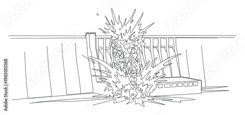 A powerful explosion or catastrophic breach causes water to violently gush from a breaking dam, illustrating natural disasters and engineering challenges for various media.