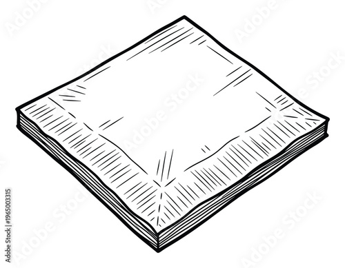 Hand drawn black outline sketch of a stack of clean disposable paper napkins for restaurant menu designs kitchen advertisements and household cleaning product packaging