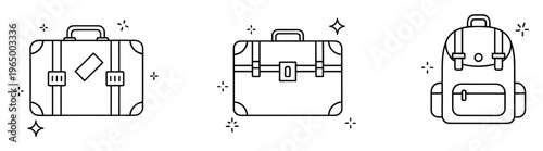 Assortment of travel bags and luggage icons featuring a traditional suitcase, a secure briefcase, and a comfortable backpack, perfect for journey planning applications, holiday
