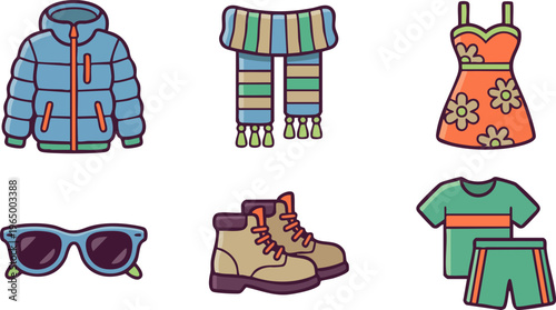 Collection of various clothing items and accessories including a jacket, scarf, dress, sunglasses, boots, and a t-shirt with shorts.