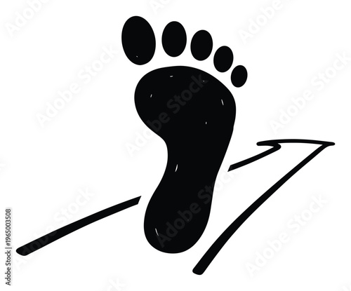 Black human footprint moving forward on a path indicated by a directional arrow representing progress, guidance, and future steps for business or personal growth projects.