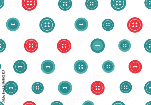 Seamless Pattern with Red and Teal Sewing Buttons on White Background for Textile and Craft Design