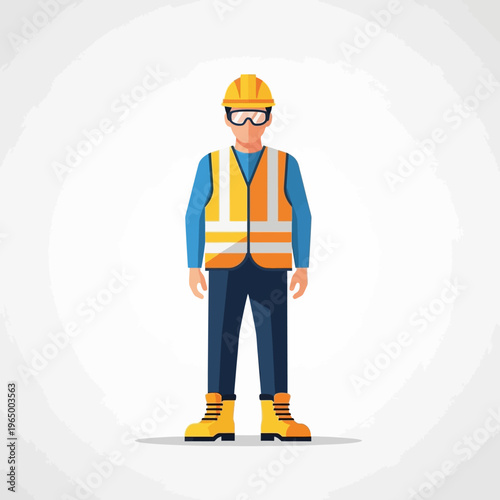 Construction Worker in Full Personal Protective Equipment (PPE) with Hard Hat and High Visibility Vest Flat Vector Illustration