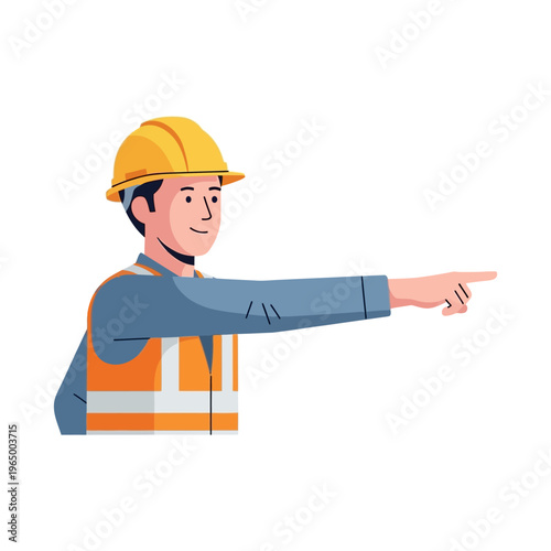 Male Construction Worker in Safety Vest and Hard Hat Pointing Aside - Flat Vector Illustration of Industrial Engineer or Contractor Isolated on White Background