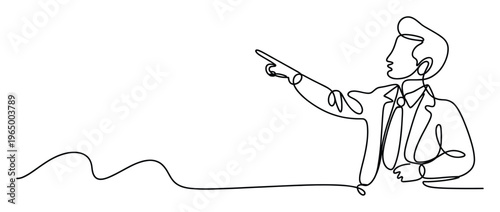 Continuous line drawing of a confident businessman pointing forward, perfect for conveying direction, guidance, or presentation in corporate communications and educational materials.