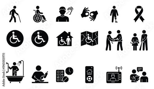 Comprehensive collection of black glyph icons illustrating various aspects of disability awareness, inclusive accessibility, daily living support, and care services for diverse needs across