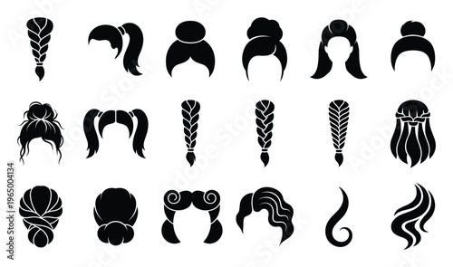 Comprehensive collection of diverse female hairstyles and classic hairdos suitable for various applications including character design, beauty branding, salon advertisements, and avatar