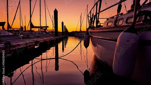 A serene marina scene at sunset with boats and their reflections