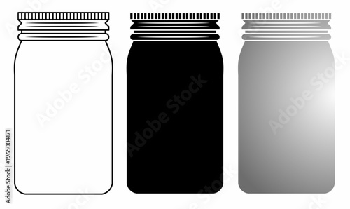 icon set of Mason jar, also known as a canning jar, preserves jar or fruit jar. outline, silhouette and gradient