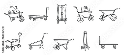 Collection of outlines depicting various carts and wheelbarrows including garden wagons, hand trucks, and utility flatbeds, perfect for visual guides on material handling and construction