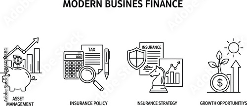 Modern business finance icon set, asset management and insurance policy vector illustrations, financial growth strategy and tax planning graphics