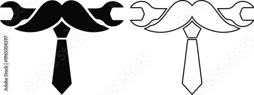 Minimalist black vector silhouette and line art icons of a mechanic's wrench combined with a gentleman's mustache and necktie, representing Father's Day, handyman repair services, and dad.