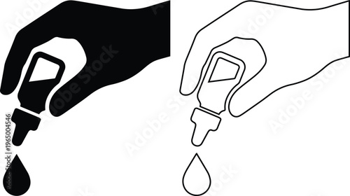 hand holding a medical dropper bottle dispensing a liquid drop, featuring a black silhouette and outline icon design for healthcare or skincare serum concepts.
