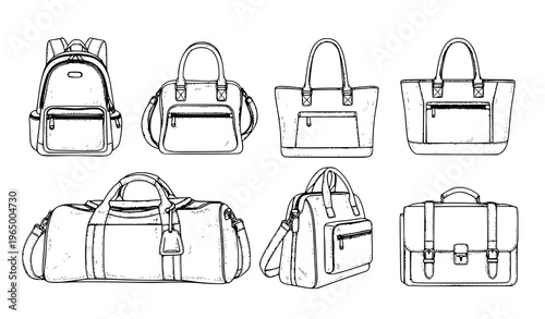 Hand drawn bag collection set with backpack tote handbag duffel and briefcase black and white sketch vector illustration