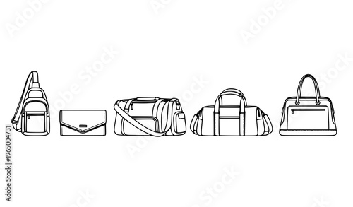 Minimal modern bag set with sling clutch messenger gym and shopping bags clean outline vector illustration