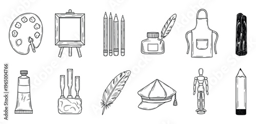 A comprehensive collection of essential drawing painting and sculpting tools including pencils easels palettes and chisels perfect for educational materials and studio resource graphics.