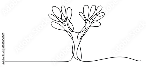 Elegant single line drawing of a stylized tree or plant with flowing organic shapes, symbolizing connection and growth, ideal for modern logos, naturethemed presentations, or sophisticated