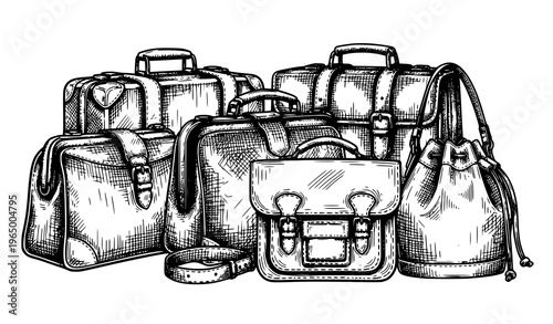 Vintage bag set with suitcase satchel doctor and bucket bags detailed engraved black and white vector illustration