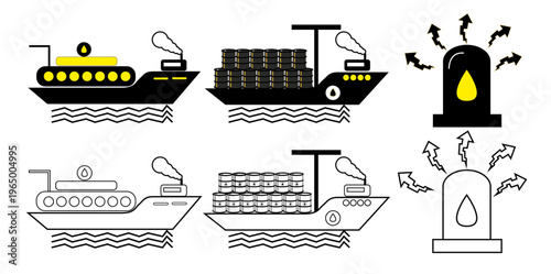 Oil Crisis and Oil Transportation Vector Icon Set – Oil Tanker Ship, Barrel Cargo, Fuel Shortage and Energy Supply Flat Icons
