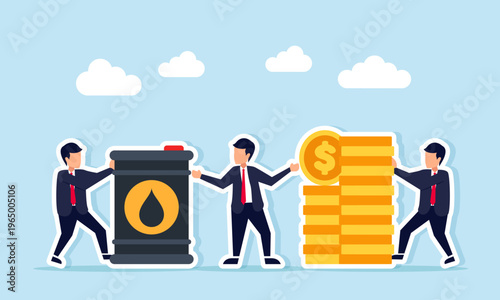 Businessmen pushing oil barrel and dollar coin stack in opposite directions separated by mediator illustration of intermediary role in oil trading
