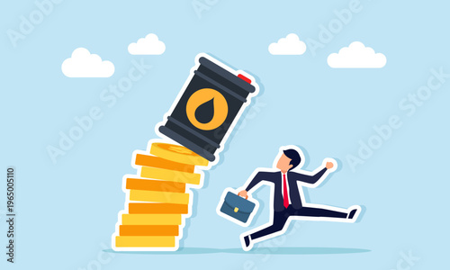 Businessman running and avoiding falling oil barrels and dollar coins illustration of avoiding impact of declining global oil prices