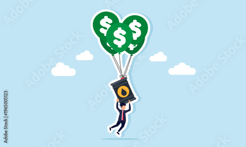 Businessman hanging on oil barrel tied to dollar balloons illustration of global oil price increase