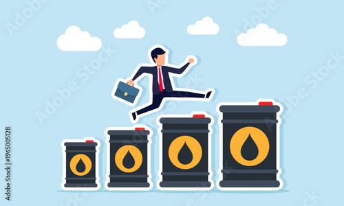 Businessman running and jumping over rows of oil barrels forming chart illustration of global oil price increase