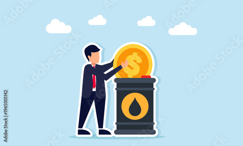 Businessman taking dollar coins from oil barrel illustration of profit from oil business