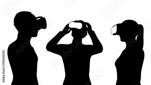Three people wearing vr headsets in black silhouette on white background for virtual reality concept
