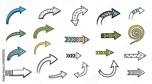 Vibrant assortment of decorative handdrawn arrows in diverse shapes and appealing textures provides versatile graphic resources for modern user interfaces and creative communication