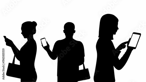 Black silhouettes of people using smartphones and tablet in a row