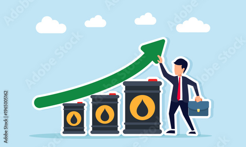 Businessman standing near rising exponential arrow and rows of oil barrels forming chart illustration of global oil price increase