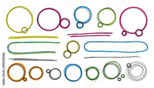 Colorful hand drawn scribble circles, lines, and speech bubbles creating playful doodle frames and emphasis markers for engaging graphic designs, presentations, or digital media.