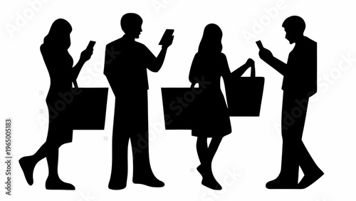 Silhouettes of people shopping online with mobile phones and bags