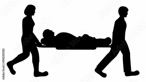 Emergency medical team in action carrying patient on stretcher silhouette
