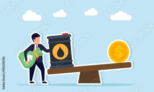 Businessman carrying money bag standing near seesaw with oil barrels heavier than dollar coins illustration of higher oil valuation