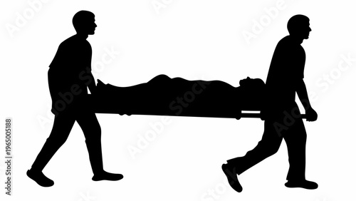 Emergency medical team in black silhouette carrying stretcher with patient
