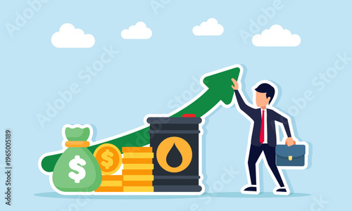 Businessman standing near rising exponential arrow oil barrel stack of dollar coins and money bag illustration of global oil price increase