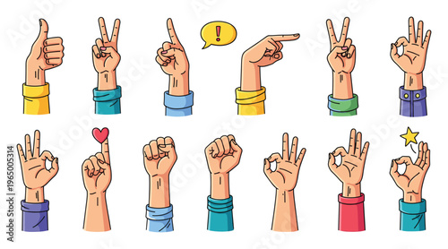 Collection of diverse hand gestures expressing various emotions and communication signals for use in digital applications and educational materials