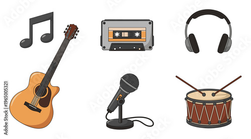 A full set of musicrelated items like an acoustic guitar, cassette tape, headphones, microphone, drum, and notes, ideal for various entertainment and audio production visual content.
