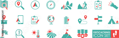 Geocaching icon set features various symbols related to outdoor activities, navigation, and exploration. Icons include maps, compasses, hiking