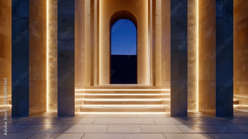 Fototapeta premium Majestic Entrance with Illuminated Archways and Warm Lighting at Dusk